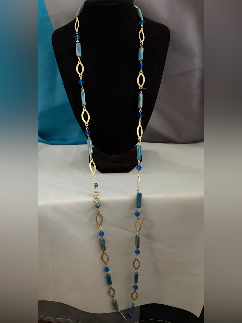 Gold-Link Teal & Blue Bead Long Necklace